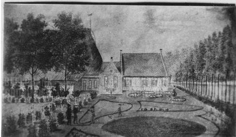 Foto van een schilderij dat de wederopbouw van Oud Bocum afbeeldt, na de verwoesting in 1717. (beeldbank.nl)