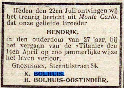 Hendrik's overlijdensadvertentie in het Nieuwsblad van het Noorden